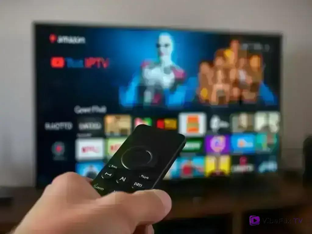 Amazon Fire TV remote control pointing to IPTV app interface